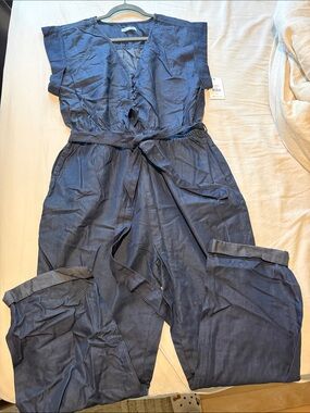 Dex Navy Blue Wrap Jumpsuit with Tie Waist